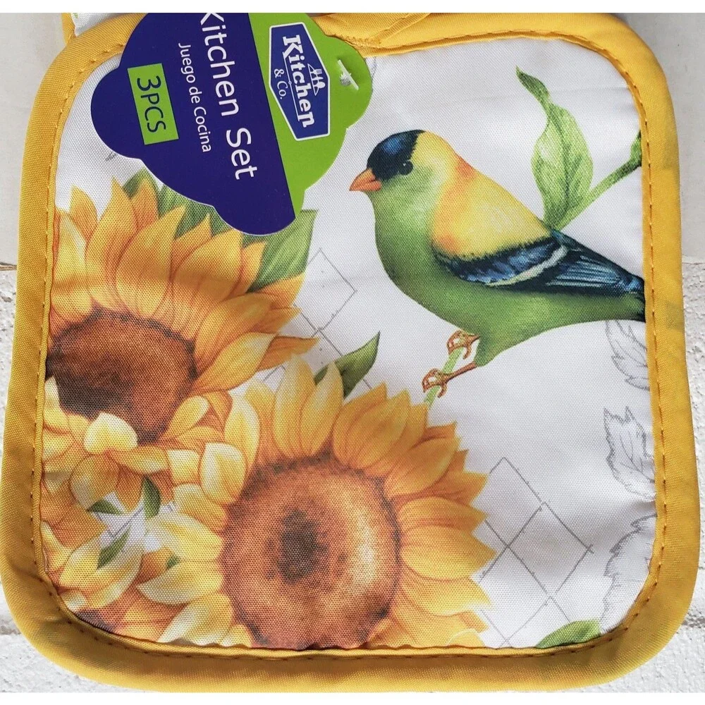 3 pc KITCHEN SET:1POT HOLDER,1OVEN MITT,1MICROFIBER TOWEL,SUNFLOWERS & BIRD,K&Co